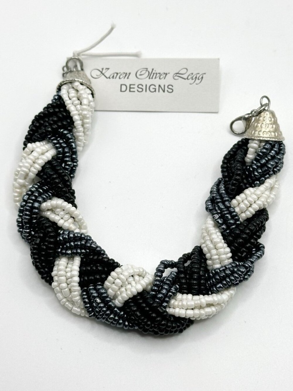 Karen Oliver‎ Legg Designs Black White Seed Bead Woven Bracelet
